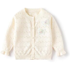 Toddler Butterfly Decor Thin Knitted Cardigan Sweater, Baby Girl's Cotton Button Front Top Clothes Sweater Mesh Coat