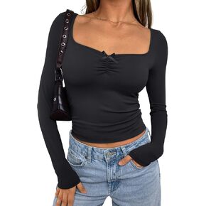 Trendy Queen Womens Long Sleeve Shirts Going Out Crop Tops Trendy Sweetheart Neck T Shirt Y2k Fall Fashion Clothes 2024
