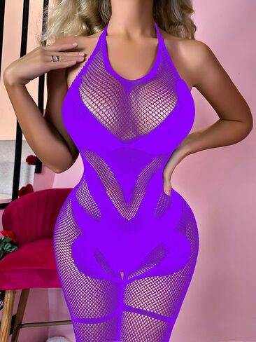 Women Lingerie Sexy Fishnet Bodystockings Sheer Mesh Jumpsuit One Piece Halter Lingerie One Size in Saudi Arabia