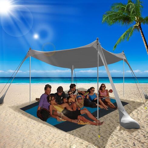 Family Beach Tent Canopy Sun Shade, Pop Up Grande Beach Tent Sun Shelter Stability 4 Poles with Portable Carry Bag Outdoor Shade for Fishing Backyard Camping in Kuwait