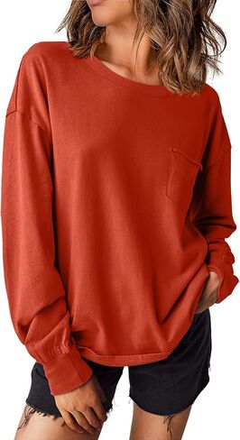 EVALESS Womens Casual Fall Tops 2024 Crewneck Long Sleeve Shirts Dropped Shoulder Loose Fit Basic T Shirts Cotton Tee Clothes in Saudi Arabia