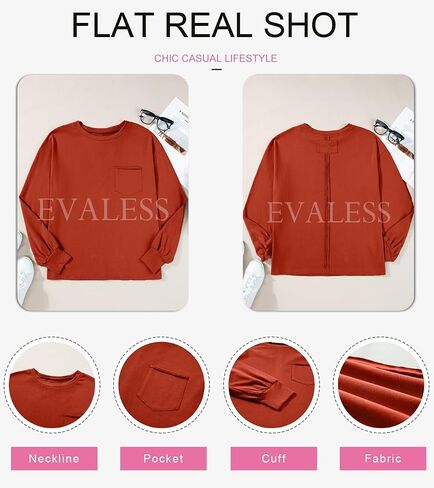 EVALESS Womens Casual Fall Tops 2024 Crewneck Long Sleeve Shirts Dropped Shoulder Loose Fit Basic T Shirts Cotton Tee Clothes in Saudi Arabia