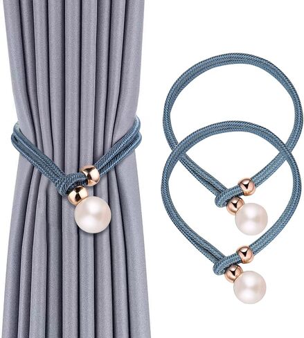 2 Pack Curtain Tiebacks, Adjustable Pull-Out Rope Tie Back with Large Imitation Pearl Bead Decorative European Style Curtain Holdbacks for Sheer and Blackout Drape, Blue-Grey in Saudi Arabia