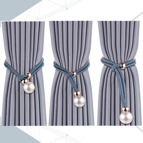 2 Pack Curtain Tiebacks, Adjustable Pull-Out Rope Tie Back with Large Imitation Pearl Bead Decorative European Style Curtain Holdbacks for Sheer and Blackout Drape, Blue-Grey in Saudi Arabia