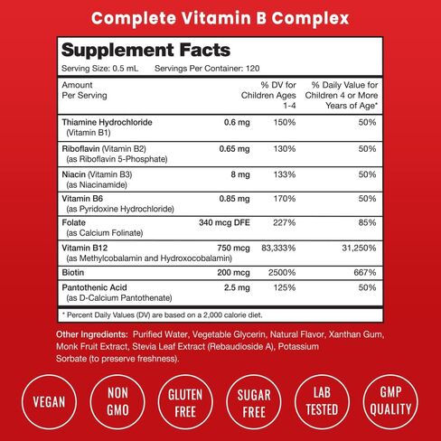 NutraChamps Vitamin B Complex Liquid Drops | B Vitamins Complex Supplement with B1, B2, B3, B6, B7, B9 & Methyl B12 Drops for Adults & Kids | Vegan Berry Flavor 2oz | 60 Servings / 2 Month Supply in Kuwait