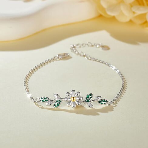 Daisy Bracelet 925 Sterling Silver Leaf Bracelets Flower Jewelry Daisy Bracelets For Women Daisy Lovers Mom Wife in Saudi Arabia