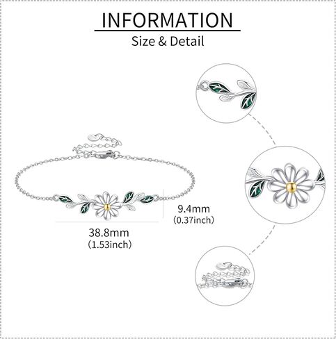 Daisy Bracelet 925 Sterling Silver Leaf Bracelets Flower Jewelry Daisy Bracelets For Women Daisy Lovers Mom Wife in Saudi Arabia