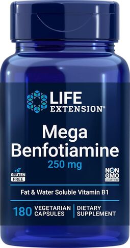 Life Extension Mega Benfotiamine, 250 mg, a Fat-Soluble Form of thiamine, Healthy Metabolism, Ultra-bioavailable Vitamin B1, high Potency, Gluten-Free, Non-GMO, Vegetarian, 120 Capsules in Saudi Arabia
