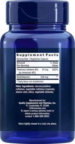 Life Extension Mega Benfotiamine, 250 mg, a Fat-Soluble Form of thiamine, Healthy Metabolism, Ultra-bioavailable Vitamin B1, high Potency, Gluten-Free, Non-GMO, Vegetarian, 120 Capsules in Saudi Arabia