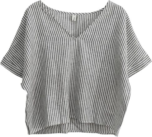 Amazhiyu Women's 100% Linen Short Sleeve V Neck Crop Tops Summer Striped Blouse in Kuwait
