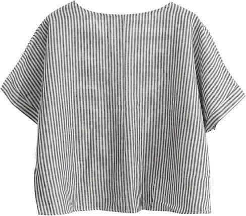 Amazhiyu Women's 100% Linen Short Sleeve V Neck Crop Tops Summer Striped Blouse in Kuwait