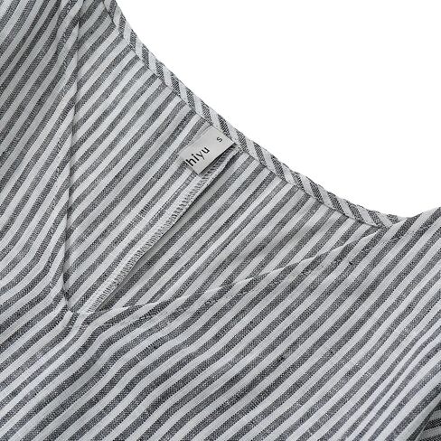 Amazhiyu Women's 100% Linen Short Sleeve V Neck Crop Tops Summer Striped Blouse in Kuwait