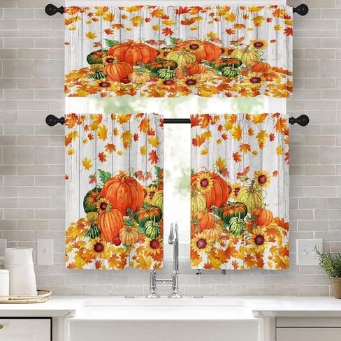 سقوط البرتقال اليقطين المطبخ نافذة الستائر الستارة والطبقة مجموعة 36 بوصة، الخريف خمر المائية أوراق القيقب 3 قطعة نافذة العلاج طبقات لغرفة المعيشة غرفة نوم ديكور المطبخ الستائر in Kuwait