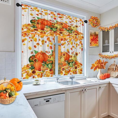 سقوط البرتقال اليقطين المطبخ نافذة الستائر الستارة والطبقة مجموعة 36 بوصة، الخريف خمر المائية أوراق القيقب 3 قطعة نافذة العلاج طبقات لغرفة المعيشة غرفة نوم ديكور المطبخ الستائر in Kuwait