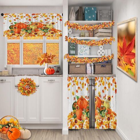 سقوط البرتقال اليقطين المطبخ نافذة الستائر الستارة والطبقة مجموعة 36 بوصة، الخريف خمر المائية أوراق القيقب 3 قطعة نافذة العلاج طبقات لغرفة المعيشة غرفة نوم ديكور المطبخ الستائر in Kuwait