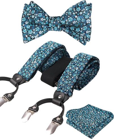 Alizeal Colorful Floral Pattern Suspenders and Self Tied Bow Tie for Men with Pocket Square Set in Kuwait