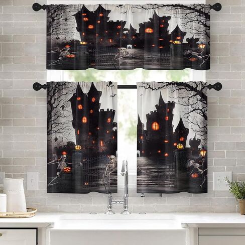 Halloween Castle Kitchen Curtains Skeleton Skull Window Curtains Valance and Tier Set 36 Inch, Funny Gothic Tree Rod Pocket Short Tier Curtain for Room, Horror Spooky Small Cafe Kitchen Decor in Saudi Arabia