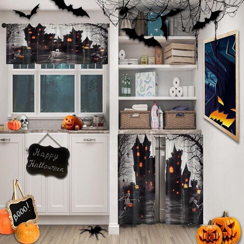 Halloween Castle Kitchen Curtains Skeleton Skull Window Curtains Valance and Tier Set 36 Inch, Funny Gothic Tree Rod Pocket Short Tier Curtain for Room, Horror Spooky Small Cafe Kitchen Decor in Saudi Arabia