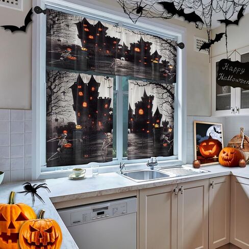 Halloween Castle Kitchen Curtains Skeleton Skull Window Curtains Valance and Tier Set 36 Inch, Funny Gothic Tree Rod Pocket Short Tier Curtain for Room, Horror Spooky Small Cafe Kitchen Decor in Saudi Arabia