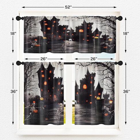 Halloween Castle Kitchen Curtains Skeleton Skull Window Curtains Valance and Tier Set 36 Inch, Funny Gothic Tree Rod Pocket Short Tier Curtain for Room, Horror Spooky Small Cafe Kitchen Decor in Saudi Arabia