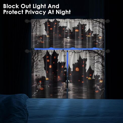 Halloween Castle Kitchen Curtains Skeleton Skull Window Curtains Valance and Tier Set 36 Inch, Funny Gothic Tree Rod Pocket Short Tier Curtain for Room, Horror Spooky Small Cafe Kitchen Decor in Saudi Arabia