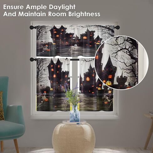 Halloween Castle Kitchen Curtains Skeleton Skull Window Curtains Valance and Tier Set 36 Inch, Funny Gothic Tree Rod Pocket Short Tier Curtain for Room, Horror Spooky Small Cafe Kitchen Decor in Saudi Arabia