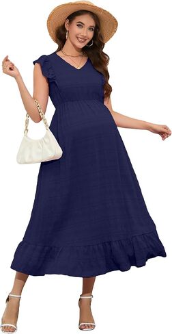 KOJOOIN Maternity Dress Ruffle Cap Sleeve Summer V Neck Sleeveless Maxi Dress Baby Shower Photoshoot in Saudi Arabia
