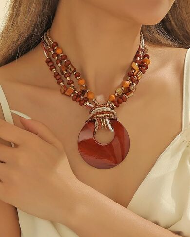 Coiris Shell Pendant Statement Strand Necklace for Women Boho Multi Beads Natural Stone Colorful Necklace Bohemian Handmade Chunky Shell Beaded Collar Jewelry for Women in Kuwait