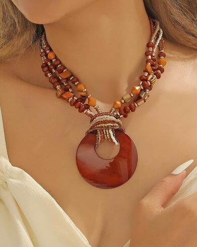Coiris Shell Pendant Statement Strand Necklace for Women Boho Multi Beads Natural Stone Colorful Necklace Bohemian Handmade Chunky Shell Beaded Collar Jewelry for Women in Kuwait