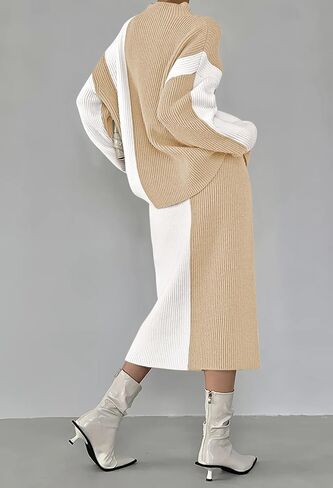 Pink Queen Women's 2 Piece Outfits 2024 Fall Winter Sweater Skirt Set Long Sleeve Oversized Top High Waist Color Block Dress in Saudi Arabia