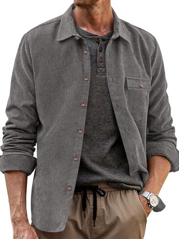Runcati Mens Corduroy Button Down Jacket Casual Long Sleeve Shirts Ribbed Lightweight Shacket Jacket with Flap Pocket in Kuwait