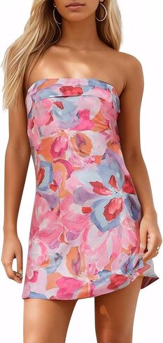 Women's Sexy Tube Dress Summer Y2K Floral Print Strapless Bodycon Mini Dress Date Night Party Club Bandeau Short Dress in Saudi Arabia