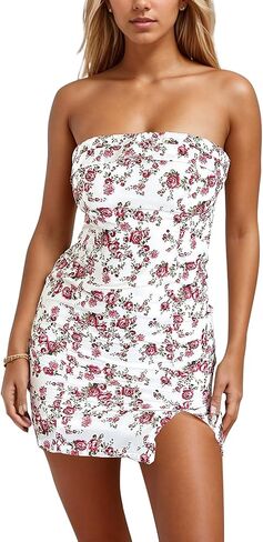 Women's Sexy Tube Dress Summer Y2K Floral Print Strapless Bodycon Mini Dress Date Night Party Club Bandeau Short Dress in Saudi Arabia