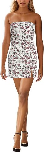 Women's Sexy Tube Dress Summer Y2K Floral Print Strapless Bodycon Mini Dress Date Night Party Club Bandeau Short Dress in Saudi Arabia