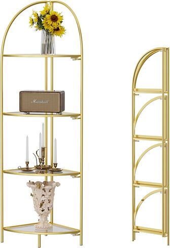Foldable Corner Display Rack Multipurpose Shelving Unit, Corner Plant Stand with Metal Frame and Transparent Tempered Glass, Corner Shelf Stand (Gold & Transparent Glass, 4 Tier) in Saudi Arabia