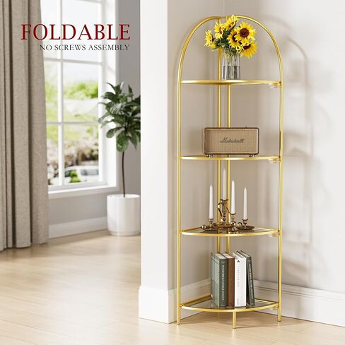 Foldable Corner Display Rack Multipurpose Shelving Unit, Corner Plant Stand with Metal Frame and Transparent Tempered Glass, Corner Shelf Stand (Gold & Transparent Glass, 4 Tier) in Saudi Arabia