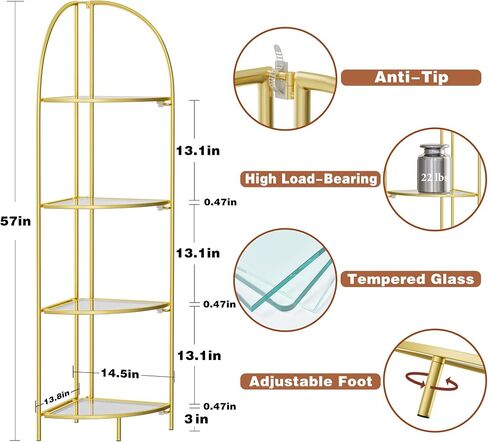 Foldable Corner Display Rack Multipurpose Shelving Unit, Corner Plant Stand with Metal Frame and Transparent Tempered Glass, Corner Shelf Stand (Gold & Transparent Glass, 4 Tier) in Saudi Arabia