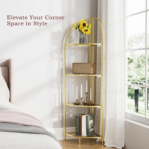 Foldable Corner Display Rack Multipurpose Shelving Unit, Corner Plant Stand with Metal Frame and Transparent Tempered Glass, Corner Shelf Stand (Gold & Transparent Glass, 4 Tier) in Saudi Arabia