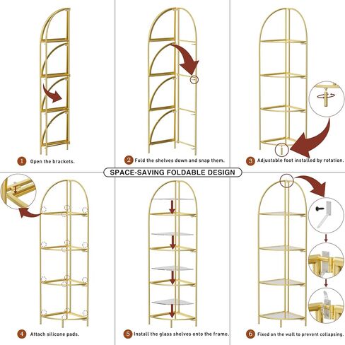 Foldable Corner Display Rack Multipurpose Shelving Unit, Corner Plant Stand with Metal Frame and Transparent Tempered Glass, Corner Shelf Stand (Gold & Transparent Glass, 4 Tier) in Saudi Arabia