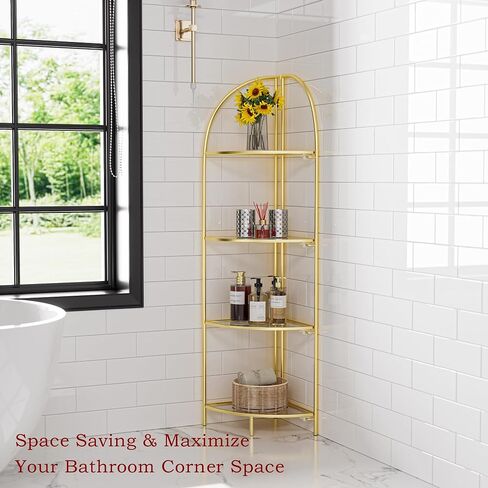 Foldable Corner Display Rack Multipurpose Shelving Unit, Corner Plant Stand with Metal Frame and Transparent Tempered Glass, Corner Shelf Stand (Gold & Transparent Glass, 4 Tier) in Saudi Arabia