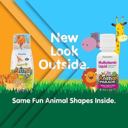 فيتامينات سائلة متعددة للأطفال من NaturesPlus Animal Parade - نكهة التوت الاستوائي - 8 أونصة سائلة - مكمل غذائي كامل - نباتي، خالي من الغلوتين - 16 حصة in Saudi Arabia