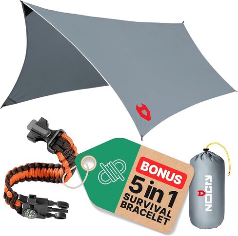Rain Fly 10x10 Lightweight Survival Camping Tarp; 100% Waterproof; Makes a Great Backpacking Tarp or Hammock Shelter; Comes in Multiple Colors, Survival Bracelet Included; Grey in Kuwait