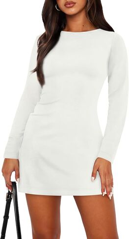 WIHOLL Women's Long Sleeve Boat Neck Mini Dress Slim Fit Party Club Bodycon Dresses in Saudi Arabia