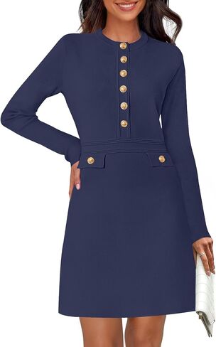 MEROKEETY Women's Fall 2025 Long Sleeve Bodycon Sweater Dress Button Crew Neck Winter Formal Mini Dresses in Kuwait