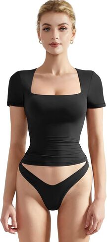 SUUKSESS Women Double Lined Fitted Basic Tee Square Neck Short Sleeve Y2K Crop Top in Saudi Arabia