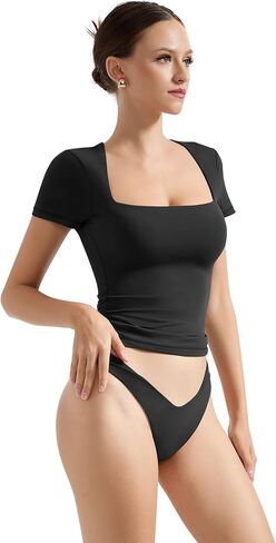 SUUKSESS Women Double Lined Fitted Basic Tee Square Neck Short Sleeve Y2K Crop Top in Saudi Arabia