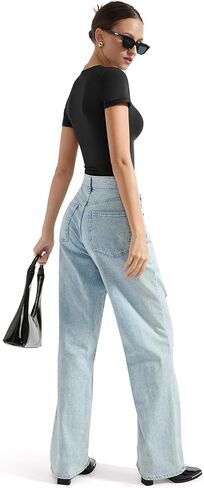 SUUKSESS Women Double Lined Fitted Basic Tee Square Neck Short Sleeve Y2K Crop Top in Saudi Arabia