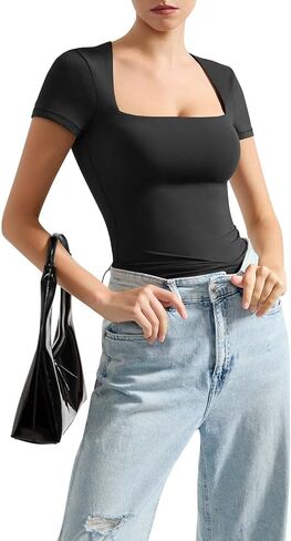 SUUKSESS Women Double Lined Fitted Basic Tee Square Neck Short Sleeve Y2K Crop Top in Saudi Arabia