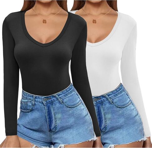 Zeagoo 2 Pack Women's Long Sleeve V Neck Slim Fit T Shirts Basic Tight Trendy Shirts 2024 Going Out Athletic Stretch Tops in Saudi Arabia
