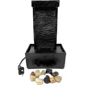 Nature's Mark 9.6" H Curved Black Slate Tabletop Water Fountain with Natural River Rocks and LED Lights (Power Cord Attached)